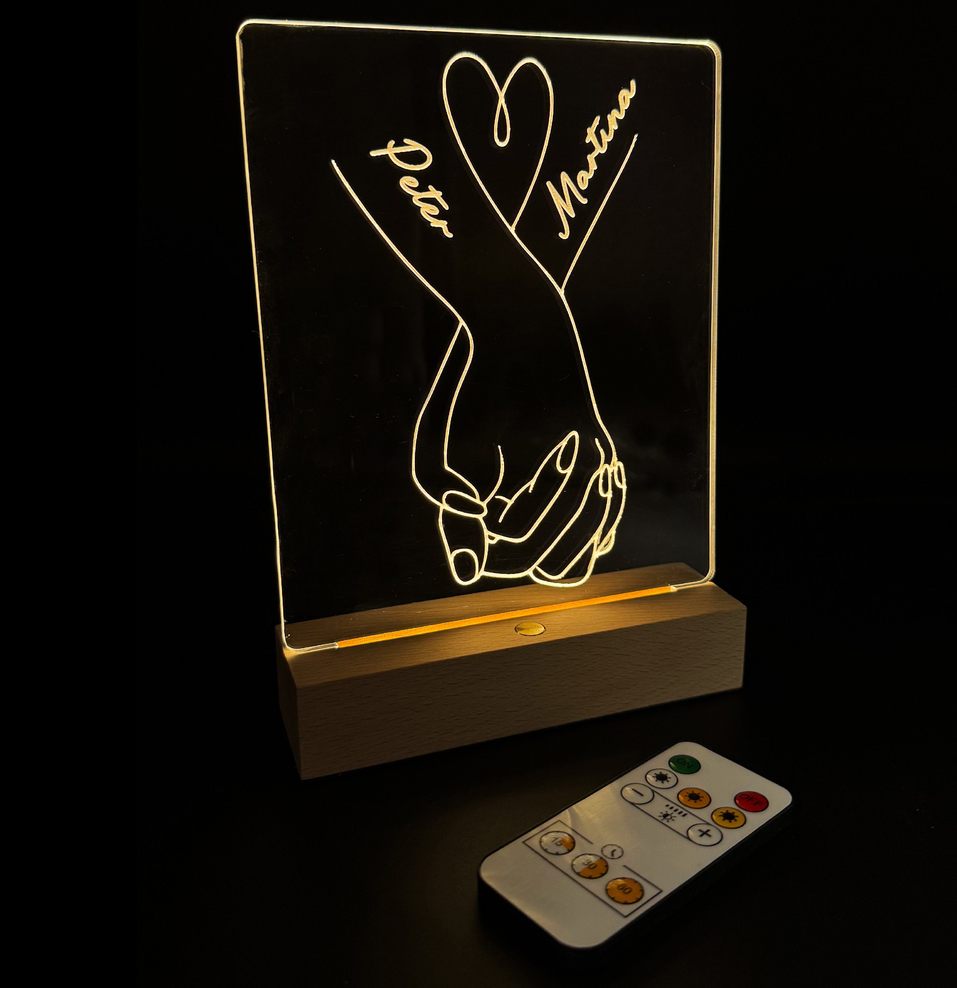 Gravírovaná LED lampa pre zamilovaných PODSTAVEC: Teplá biela s diaľkovým ovládaním nabíjateľný + USB kábel